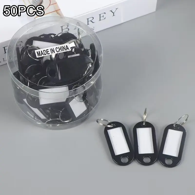 50-Pack Key Tags Boxed, 2-Inch Plastic Keychain Labels, Writeable Key Tags with Transparent Window, Blank Paper Labels, Protective Film, Layered Rings