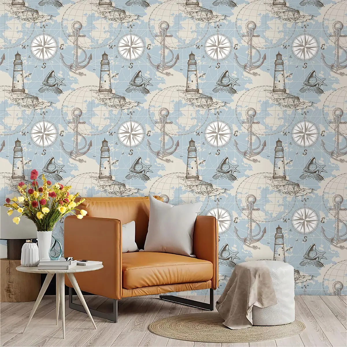 Nautical Retro Wallpaper Roll, Peel and Stick Wallpaper, Light Blue and Base, PVC Material, Self-Adhesive, Ideal for Kitchen/living Room/bedroom Decor