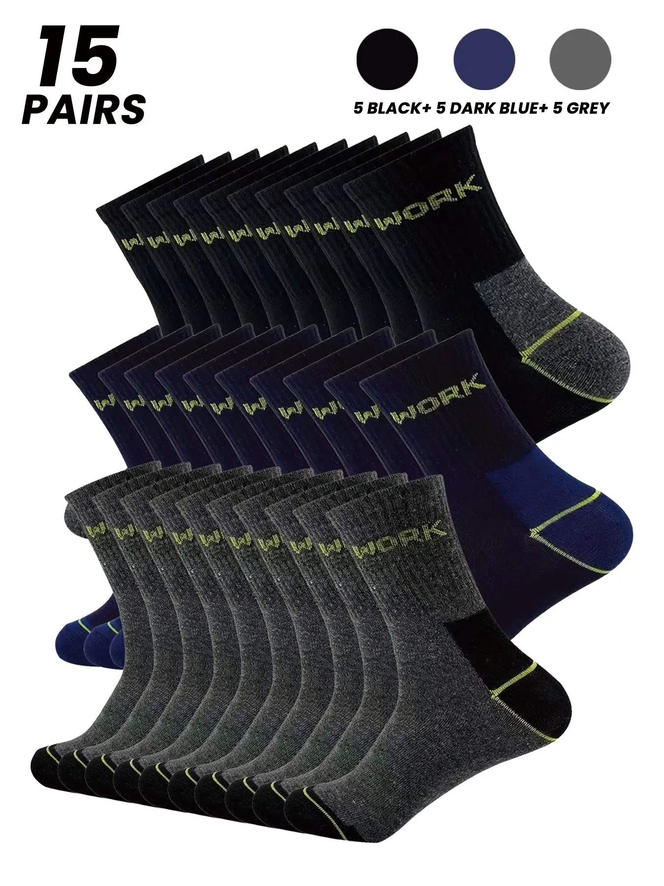 15 Pairs Mens Crew Socks Black Blue Gray Multi Pack Breathable Casual Socks Pack Soft Mid-calf Socks Comfortable Everyday Essentials Value Pack For Sneakers Running Walking