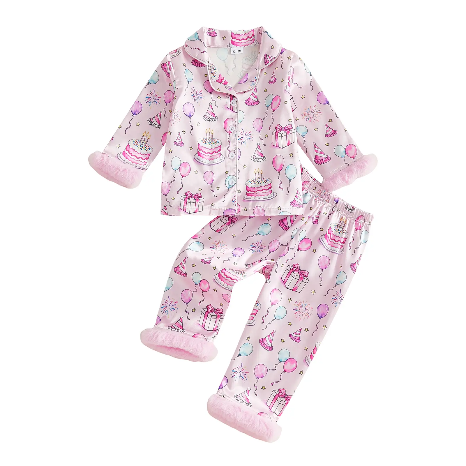 Meihuida Kids Toddler Girl Birthday Pajamas Long Sleeve Fuzzy Trim Button Down Satin Silk Pjs Cake Balloon Print Shirt Pants Sleepwear 1-7 Years Birthday Girl Pjs Nightgowns