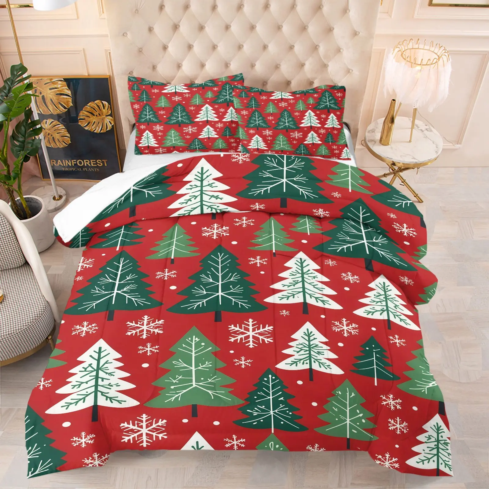 Christmas Themed Bedding Set with Pine Tree Pattern, Soft Decor for Adult Bedrooms, Great Gift for Friends & Family, Ideal Housewarming & Holiday Present. Includes 1 Quilt and 1 or 2 Pillowcases, Pillow Inserts NOT INCLUDED