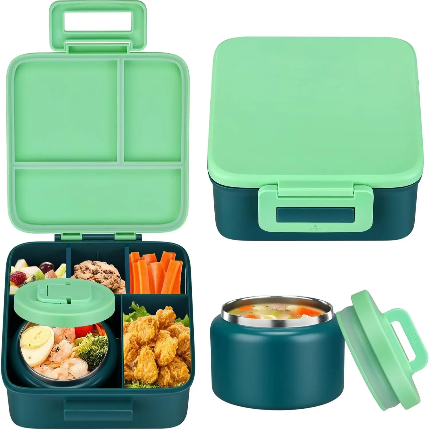 Flat Bento Box with 8oz Soup Bowl, Leak-Proof, Four Compartments, Two Food Dividers, Ideal for Meal Prep and On-The-Go Eating, Leakproof Lunch Box
