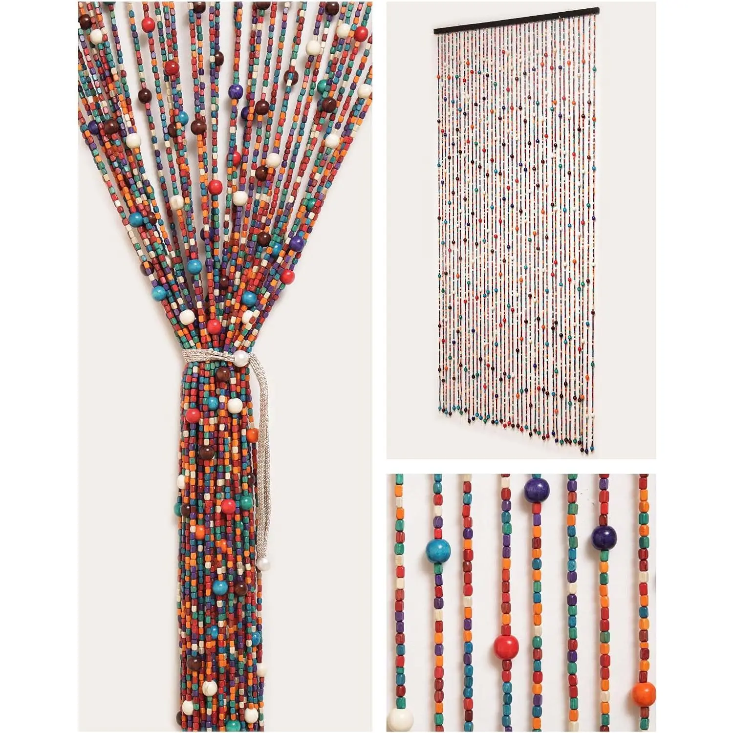 38 Strands for Doorways -35.4"x79"- Natural Curtains,Boho Doorway Wood and Bamboo Bead-As Insect Screen/Room Divider