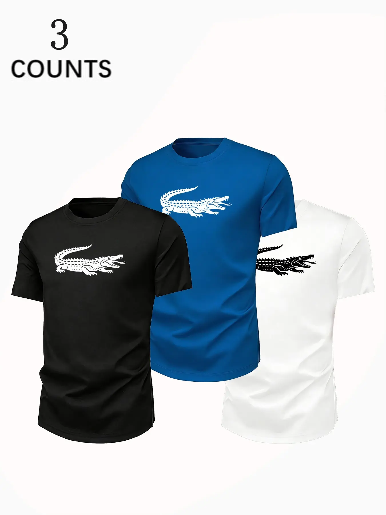 Three-Piece Soft Crocodile Print Men's T-Shirts, Casual Home Wear, Street Style, Breathable Round Neck Short Sleeve T-Shirts