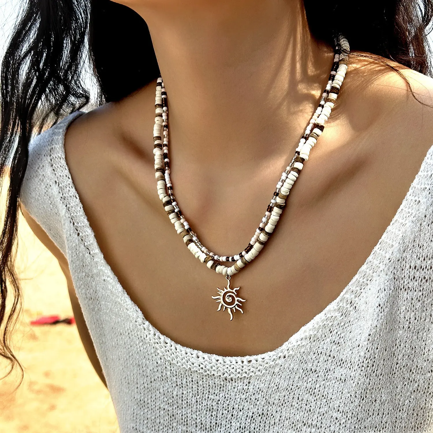 Women's Handmade Double-Layer Collarbone Necklace - Natural Coconut Shell, Rice Bead Sun Pendant, Boho Chic Outfit Jewelry for Beachwear, Vintage Summer Festival Gift, Boho Chic Outfits