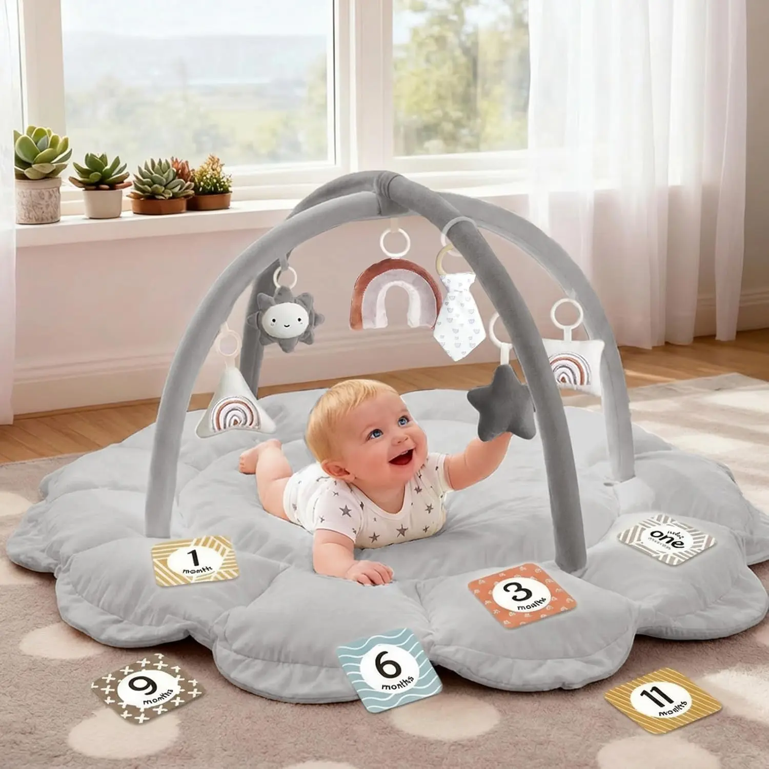 5-in-1 Thick & Plush Baby Play Gym, Baby Play Mats for Floor, Tummy Time Mat with 6 Toys, Convertible Stage-Based Developmental from Babies to Toddlers, Ball Pit, Pet Cushion, Grey