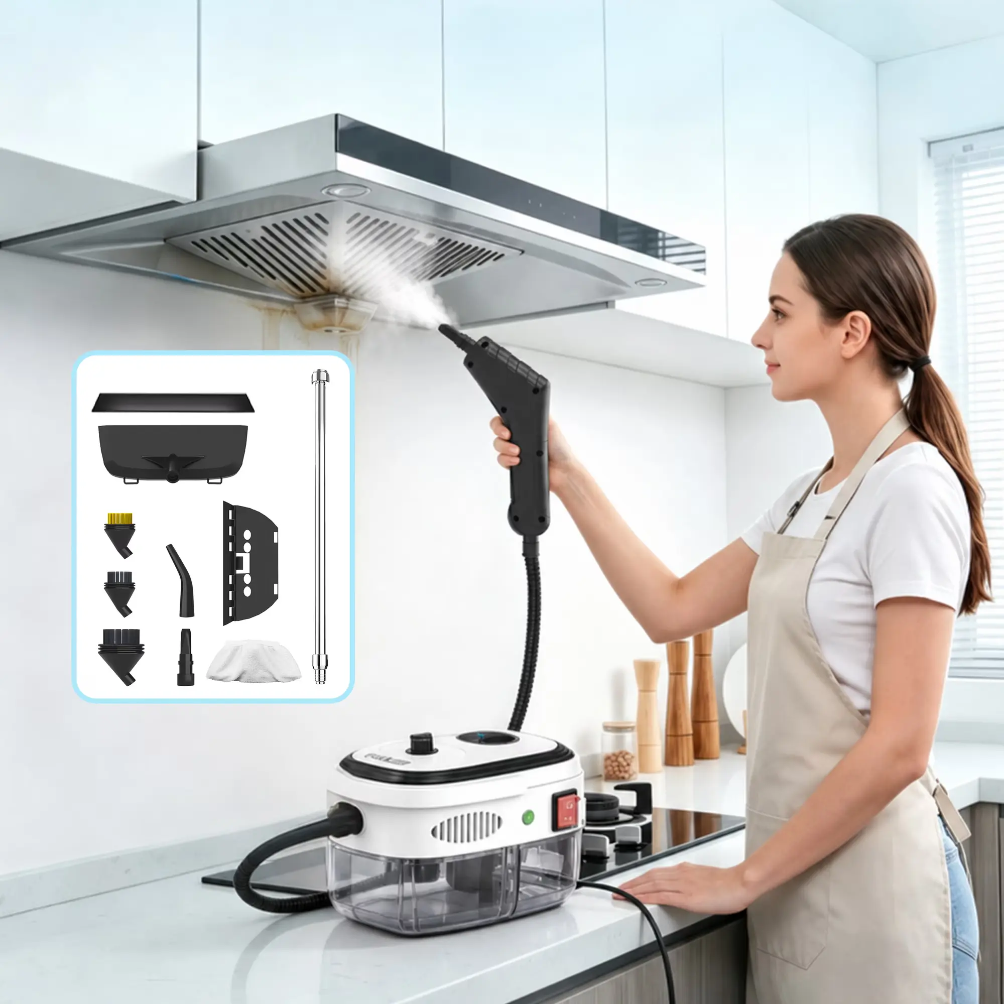 Steam cleaner with 6 adjustable steam levels, 230 ° F high-temperature steam, 3 bar high pressure, 30 second heating portable steamer, 33.82oz water tank, multi surface deep cleaning steamer, high-pressure steam cleaner