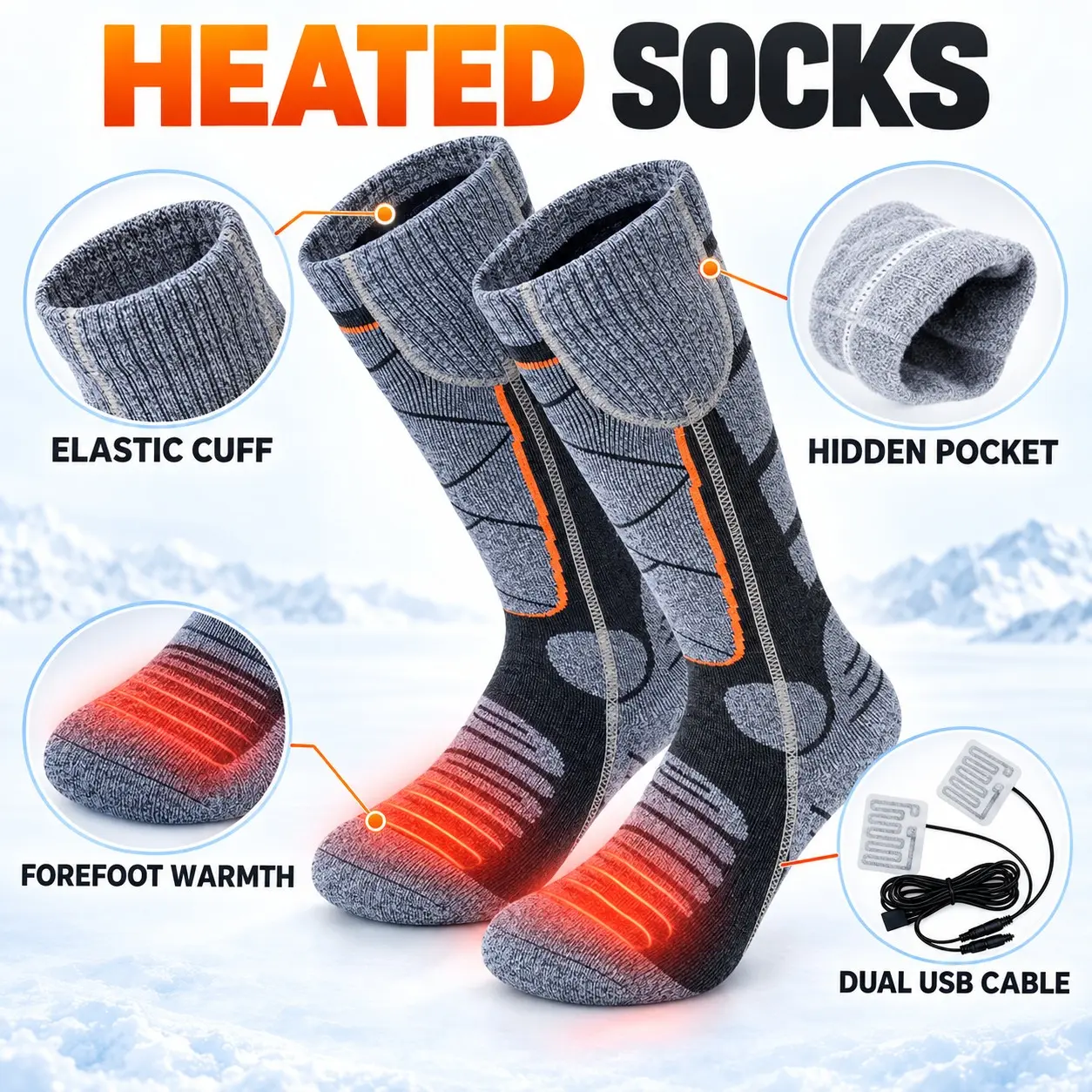 Outdoor Electric Heating Socks for Men and Women, Thick Warm USB Powered Carbon Fiber Socks, Heated Ski Socks, Skiing Hiking Camping Fishing Cold Weather Long Socks