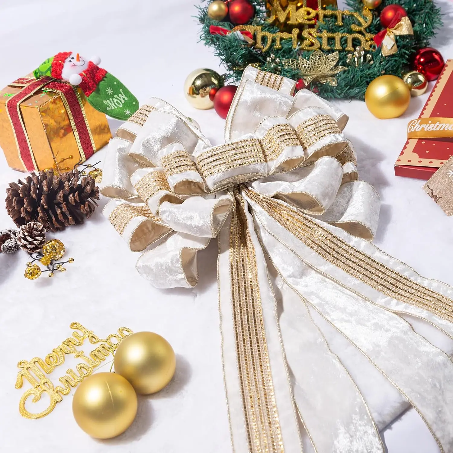Christmas Tree Topper, 40x13 Inches Toppers Bow with Glitter Satin Mesh Streamer and Patterned Ribbon, Christmas Tree Topper Bow for Christmas  Decoration (Shimmering Pale )