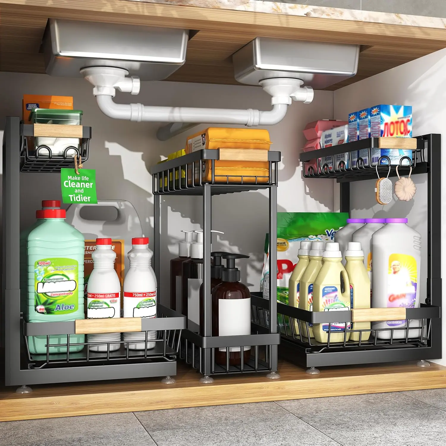 3 Pack Under Sink Drawer Organizer, Height-Adjustable 2-Tier Pull-Out Metal Shelf Racks with Smooth Installation for Kitchen, Bathroom