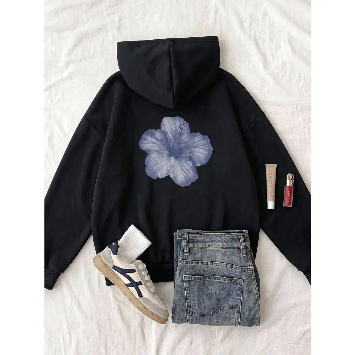 Unisex Oversized Blue Hibiscus Floral Hoodie, 100% Cotton Aesthetic Watercolor Flower Back Graphic Pullover Hooded Sweatshirt