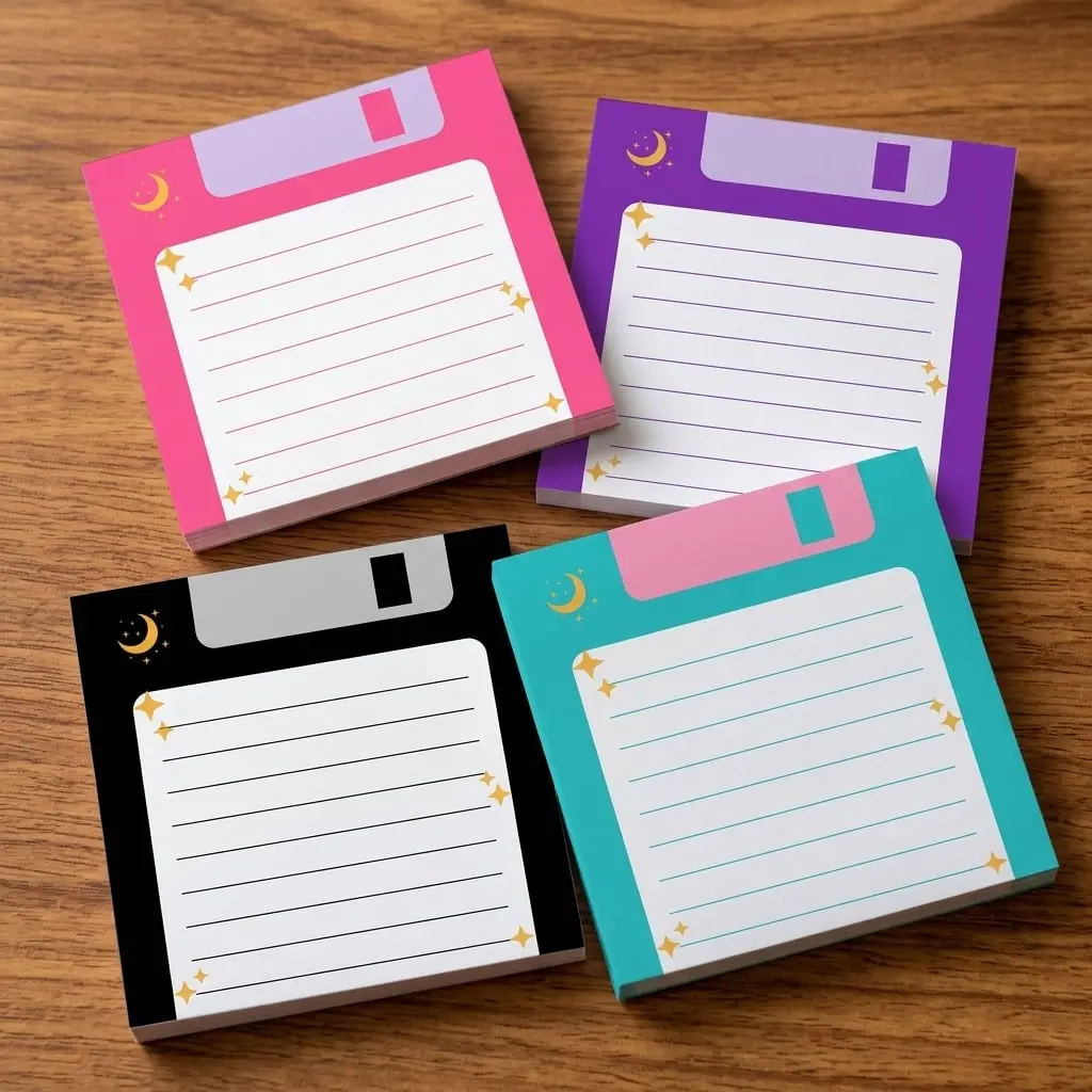 Retro Floppy Disk Sticky Notes 4 Pack, Lined 3x3 Inch Celestial Moon Notepad for Office Desk Decor, Aesthetic Planner Supplies & Unique Coworker Gift (50 Sheets/Pad)