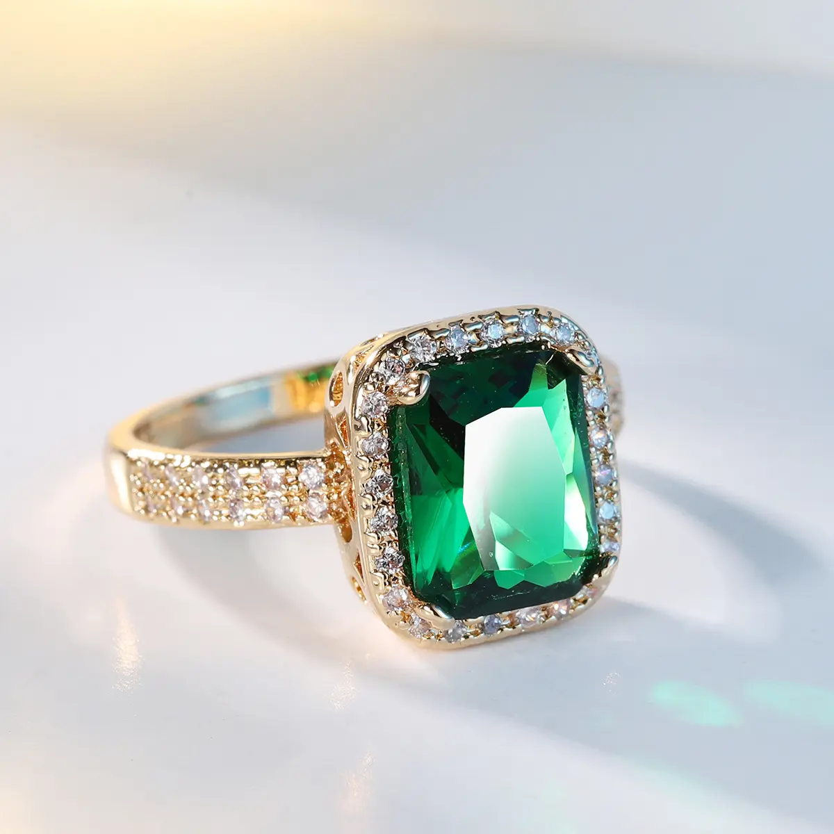 Women's Gold-Plated Engagement Ring - Radiant Cut Simulated Emerald, Luxury Pavé Emerald Cut Zircon Band, Cubic Zirconia, Metal Coating, for Sports & Outdoor Accessories, All Seasons Beautiful Rings, Pavé Band, Simulated Emeralds
