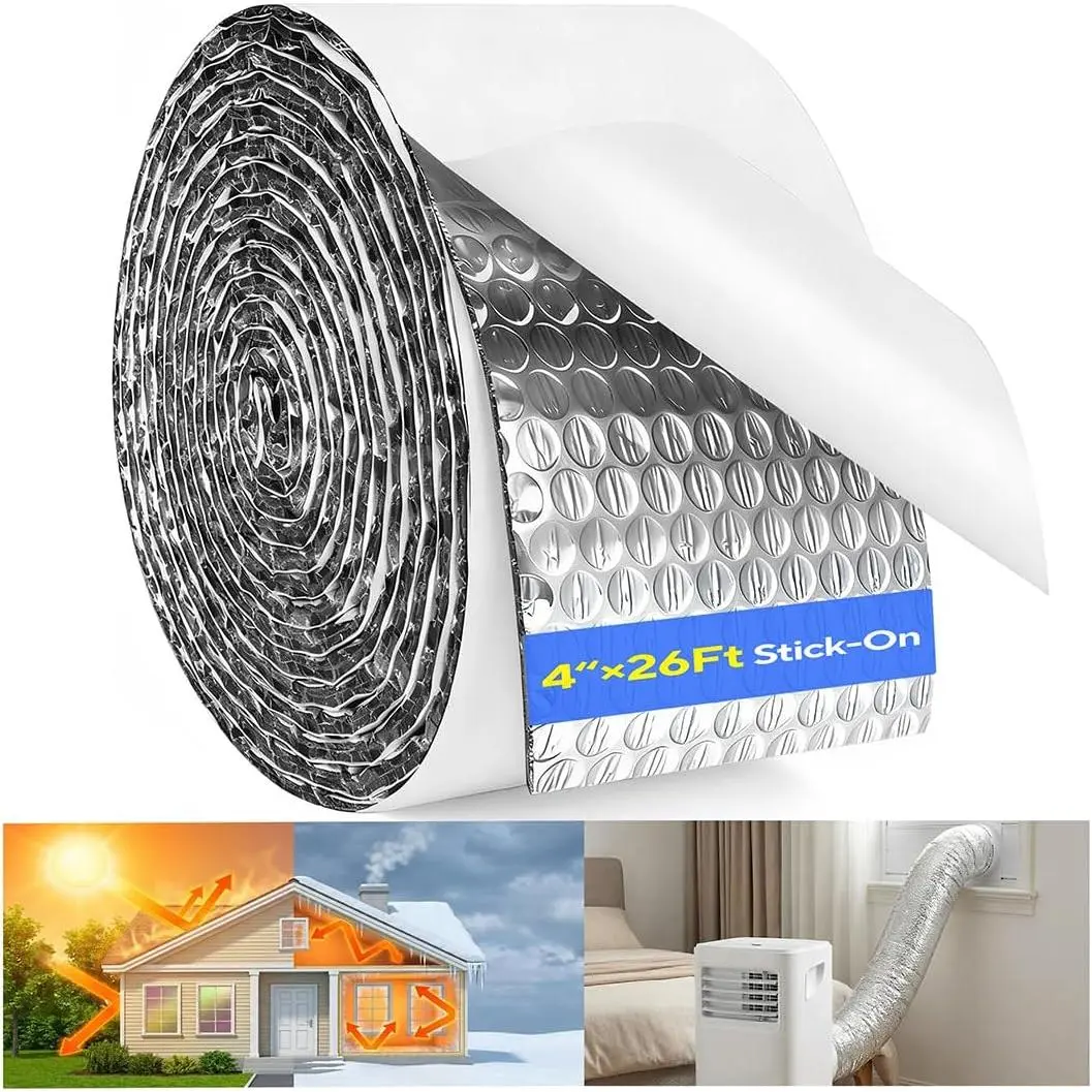 4" x 26' Insulation Roll, Pipe Insulation Wrap Double Bubble Foil Insulation Tape,Self-Adhesive Reflective Roll for Outdoor, HVAC Duct, AC Hose, Attics, Windows, Garages