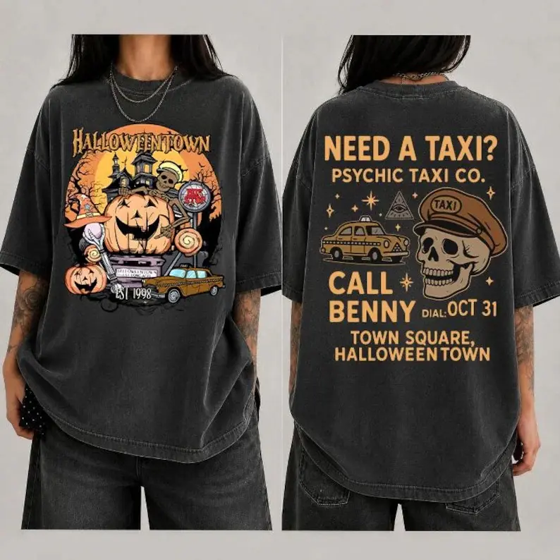 Halloweentown EST 1998 Skeleton Taxi Driver Print Washed T-shirt,Double-sided Halloween T-shirt, Retro Halloweentown Shirt, Halloweentown University Tees, Halloween Crewneck Gifts
