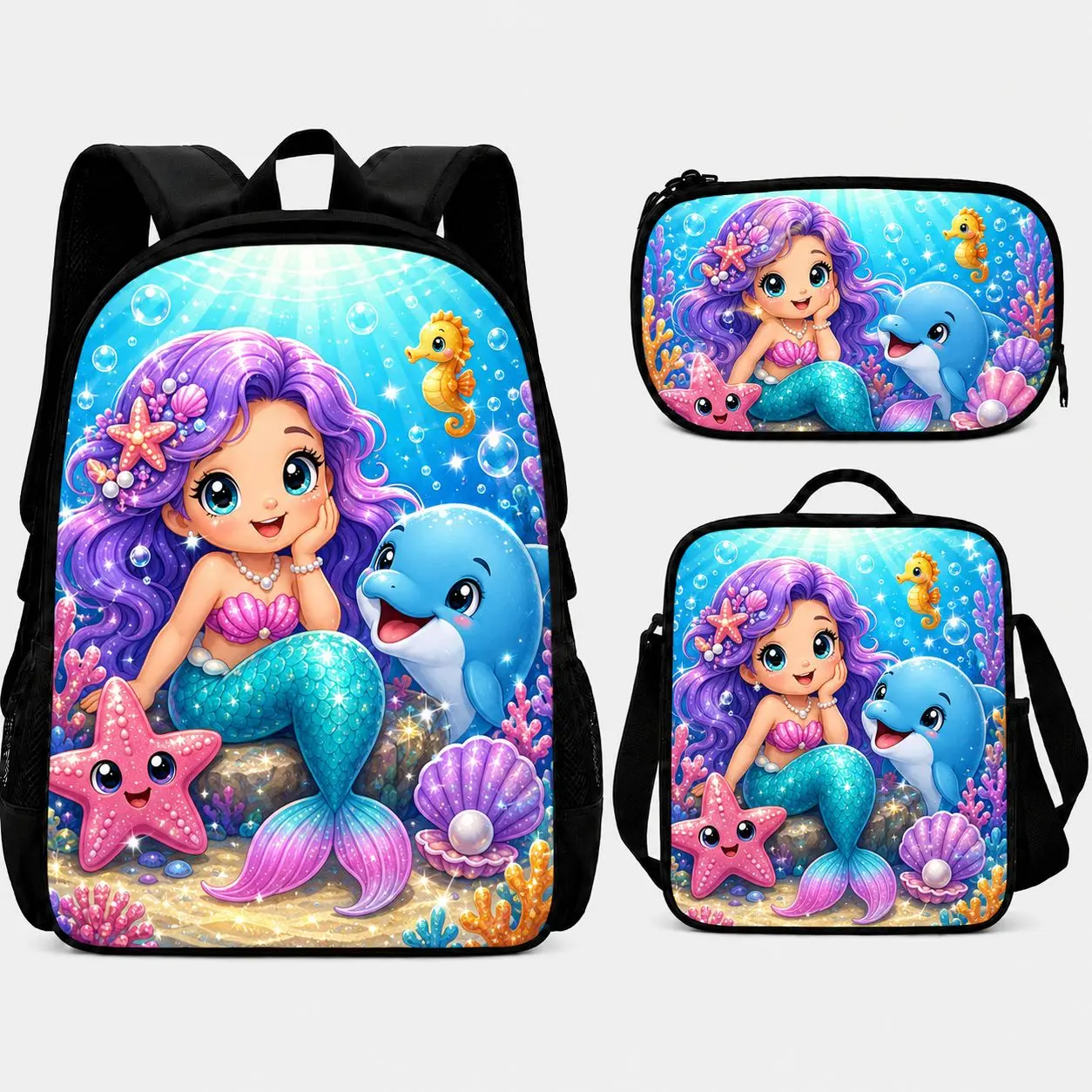 Ocean Mermaid 3-Piece Backpack Set for Girls, Matching Backpack, Lunch Bag and Pencil Case with Adjustable Shoulder Straps, Top Handles, Zip Closures and Black Trim for School Days, Classroom Use, Lunch Breaks, Library Visits and After-School Activities