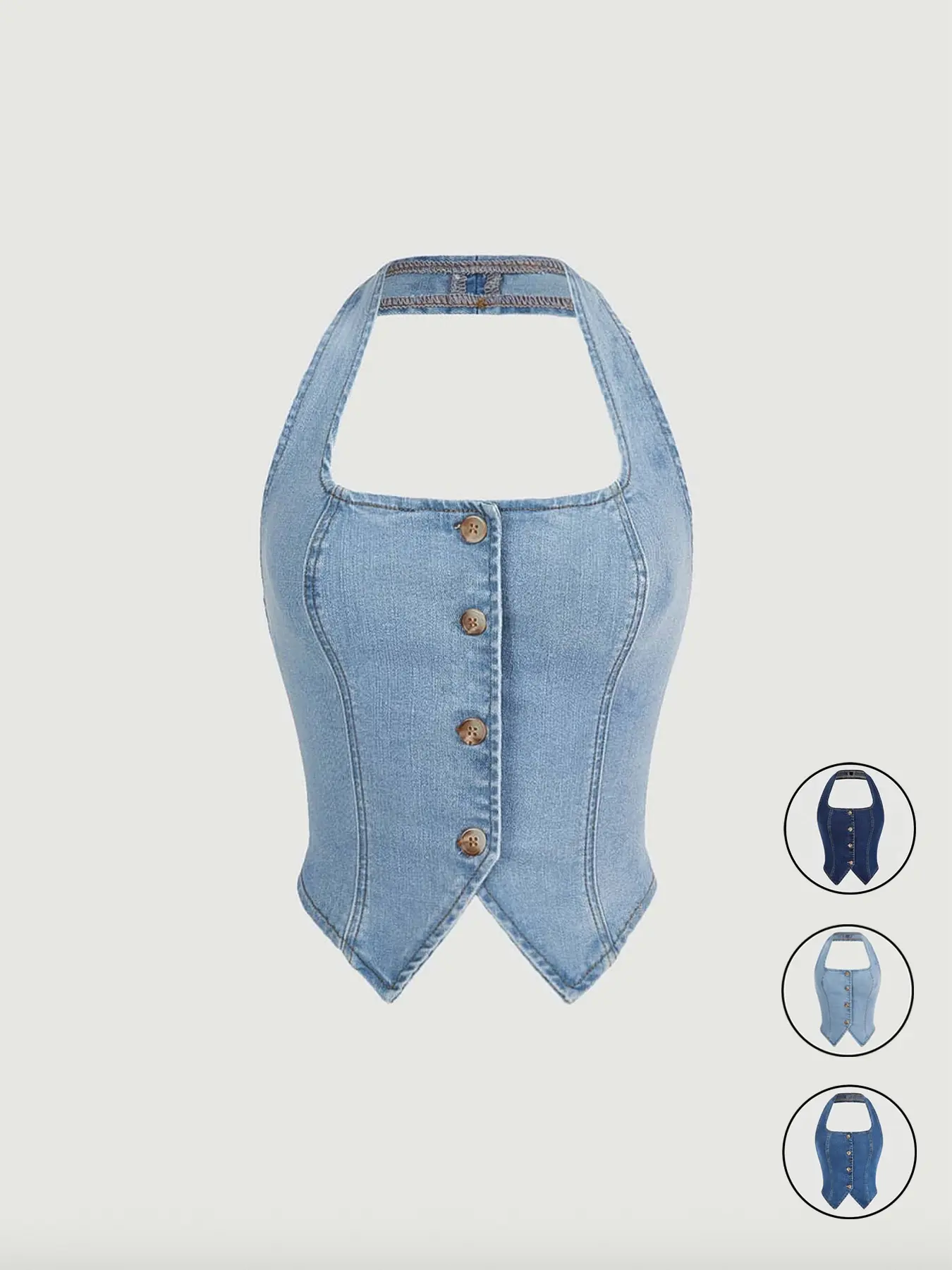 Women's Button Front Halter-Neck Backless Denim Top, Stylish Summer Fashion, Elegant Sleeveless Design, Comfortable & Trendy, Perfect for Casual Daily Wear