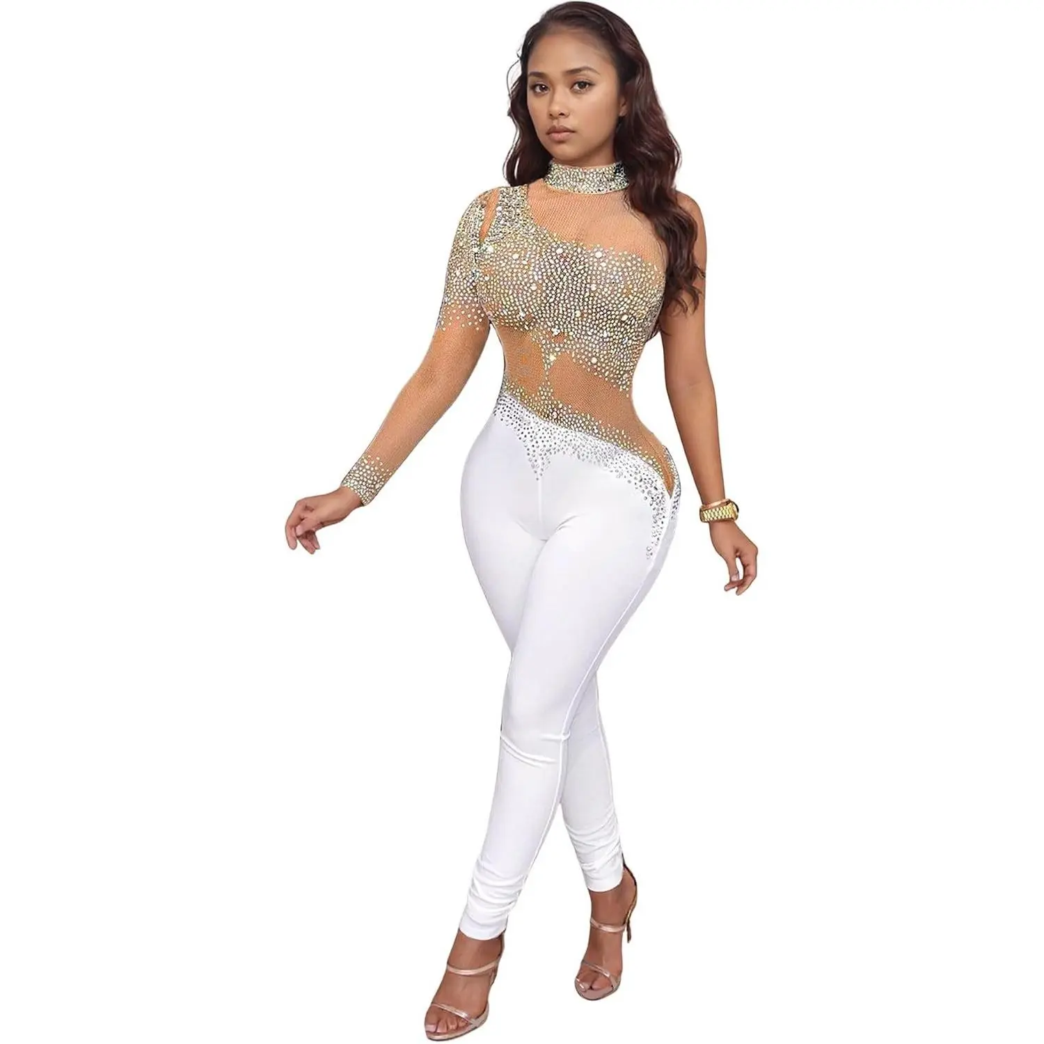 Sexy Jumpsuit for Women Sparkly Rhinestone Mesh See Through Hot Drilling Process Bodycon Party Club Night Romper