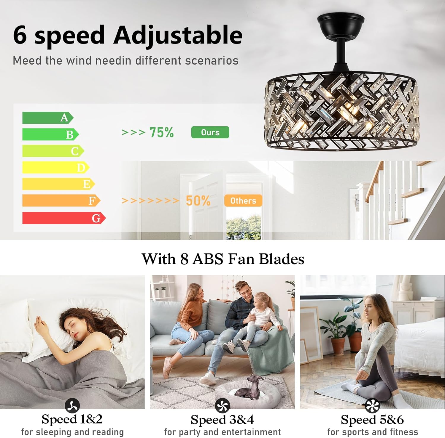 18'' Crystal Cage Ceiling Fan With Remote Control ,Quiet  Motor Fan Light ,, Indoor Crystal Chandelier Ceiling Fan For Bedroom, Living room, Dinning Room, Kids Room--Matte Black (bulbs not included.)