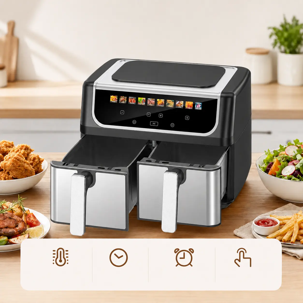 9.5L Large Capacity Dual Basket Air Fryer, Stainless Steel Double Zone Air Fryer with Independent Temperature Control, 10 One-Touch Presets, Sync Finish & Match Cook, Nonstick Fry Baskets for Family Meals, Fries, Chicken & Snacks