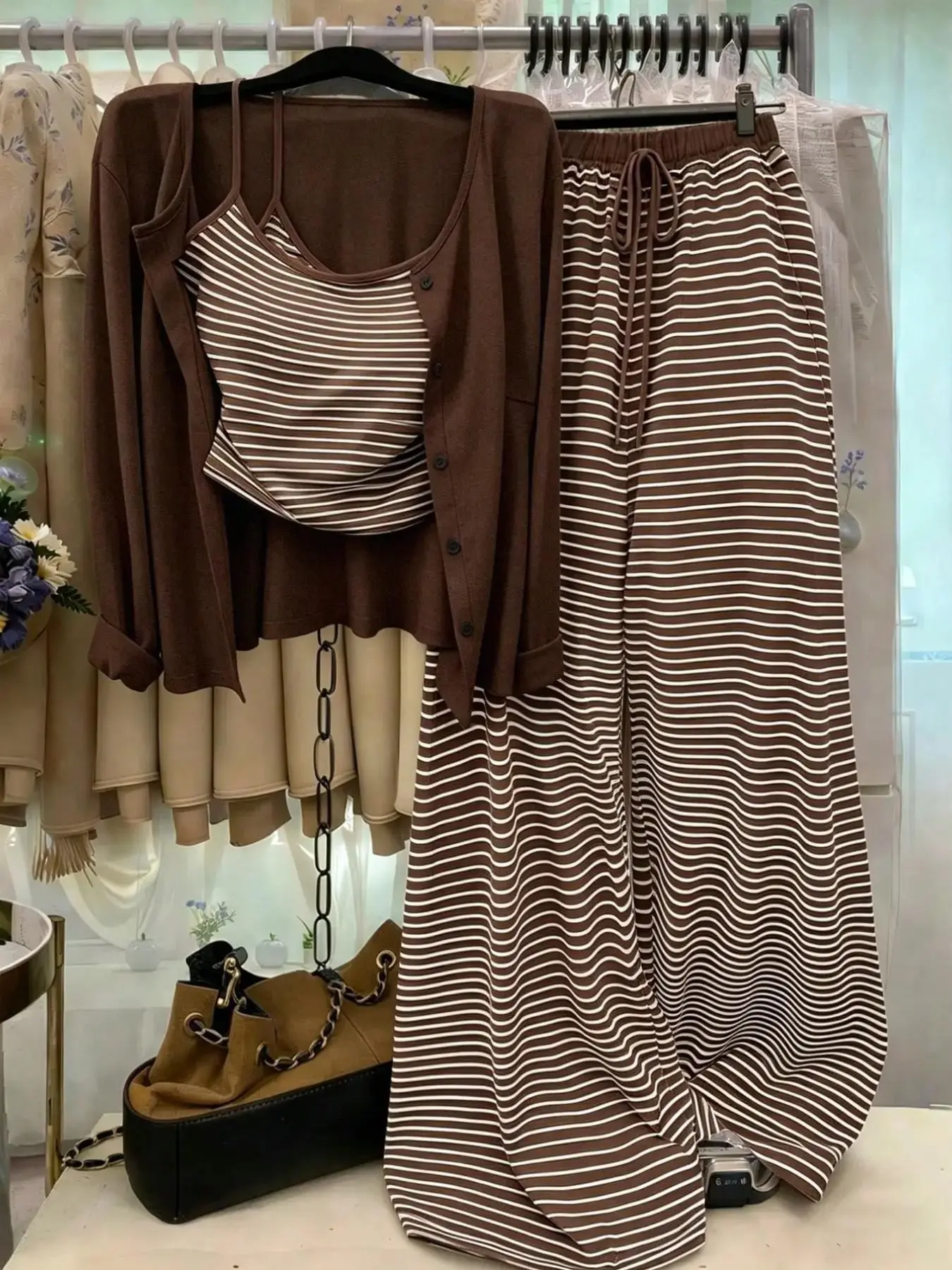 Women Knit 3 Piece Matching Sets, Solid Long Sleeve Open Cardigan, Striped Sleeveless Vest & High Rise Wide Leg Trousers, Slim Waist Casual Outfit for Spring & Fall, Perfect for Commute, Daily Outings, Dates, Parties and Holiday Occasions