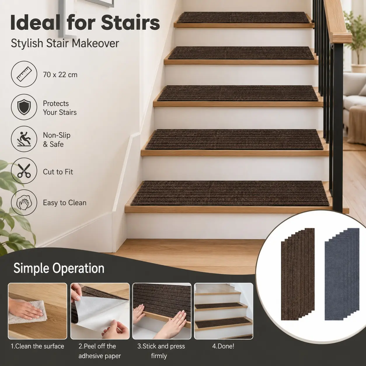 10-Pack Self-Adhesive Stair Mats, 70cmx22cm Non-Slip Thick Durable Carpet Pads, Multi-Color Options for Home & Display Areas, Indoor Decor, Non Skid Mats