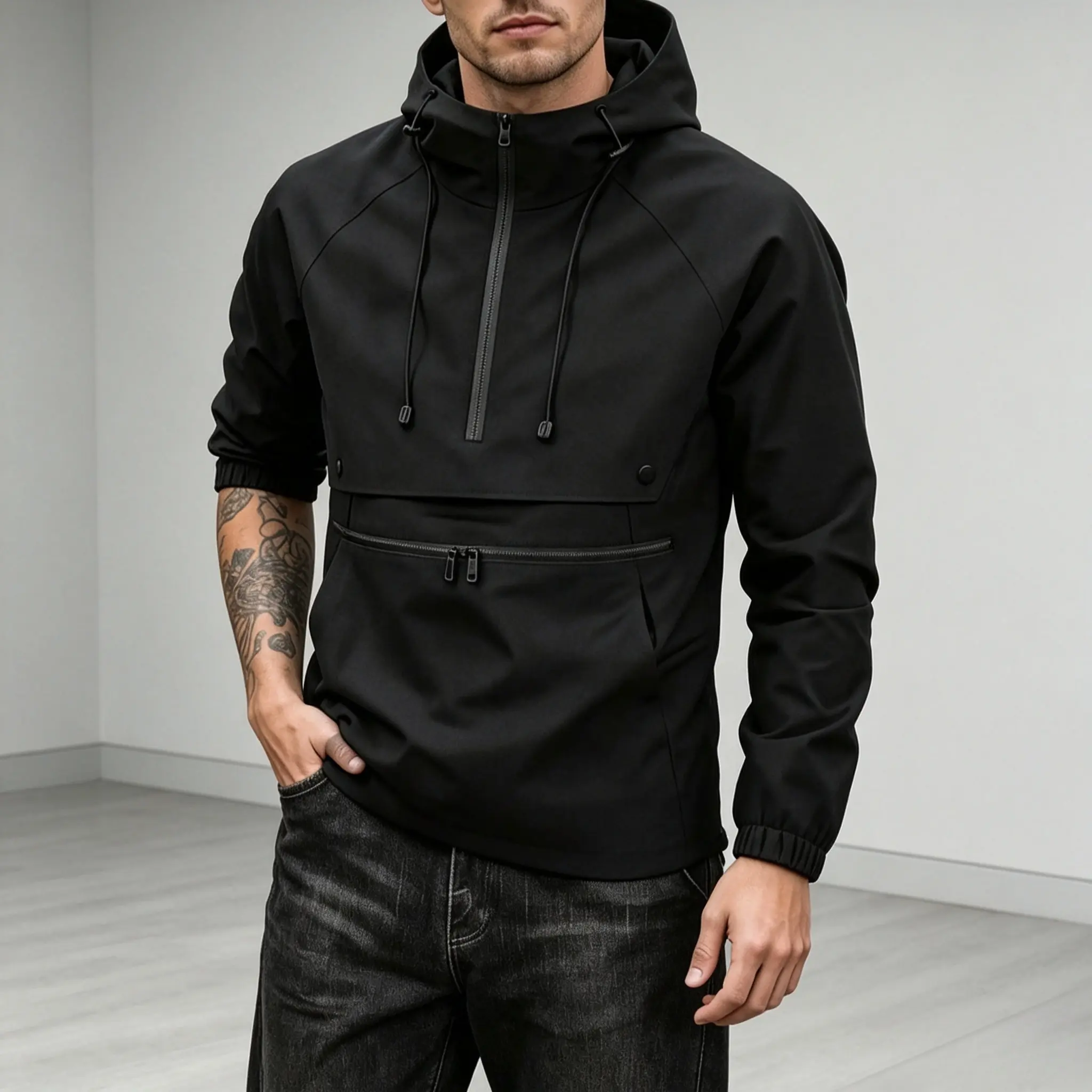 Men's Wool Blend Sherpa-Lined Half-Zip Hooded Anorak Jacket - Outdoor, Waterproof, Wind-Resistant, Breathable Lightweight Softshell Top with 1 Large Front Pocket, Classic Stripe Fabric, Reflective Detail, Small Loose Hem for Young Adult Daily Winter Wear