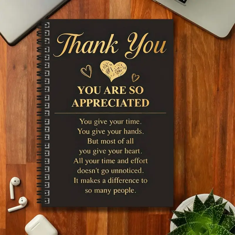 A spiral-bound notebook with a gratitude theme, featuring the words "Thank You" and heartwarming thank-you messages on the cover, suitable for work records and study notes. It can be used as a graduation gift, birthday present, and is also suitable for da