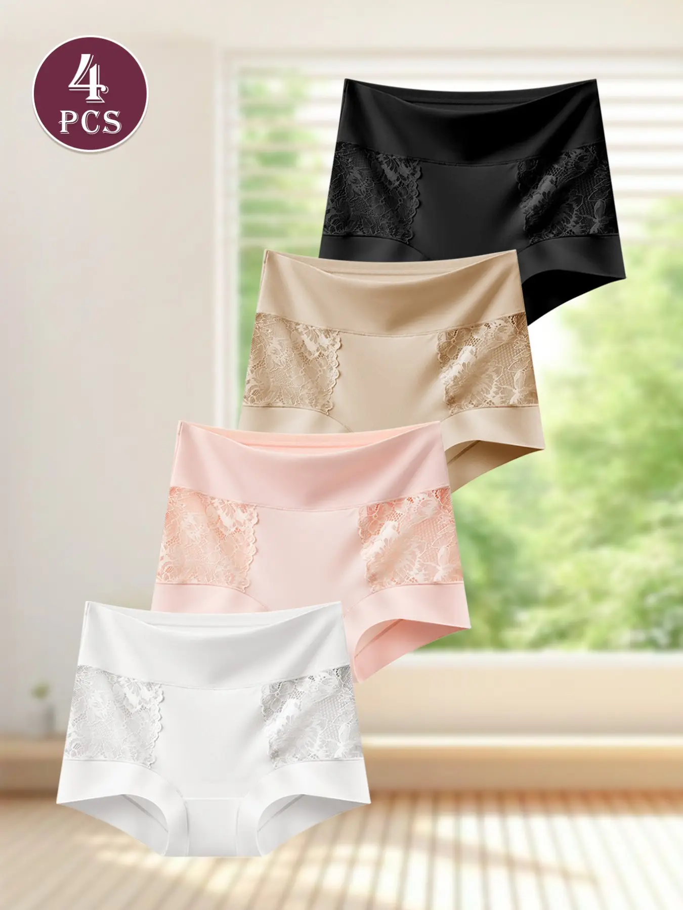 4-Pack High Rise Briefs Vintage Lace Breathable Soft Stretch, Loose-Fitting Casual Lounge Underwear for All Seasons