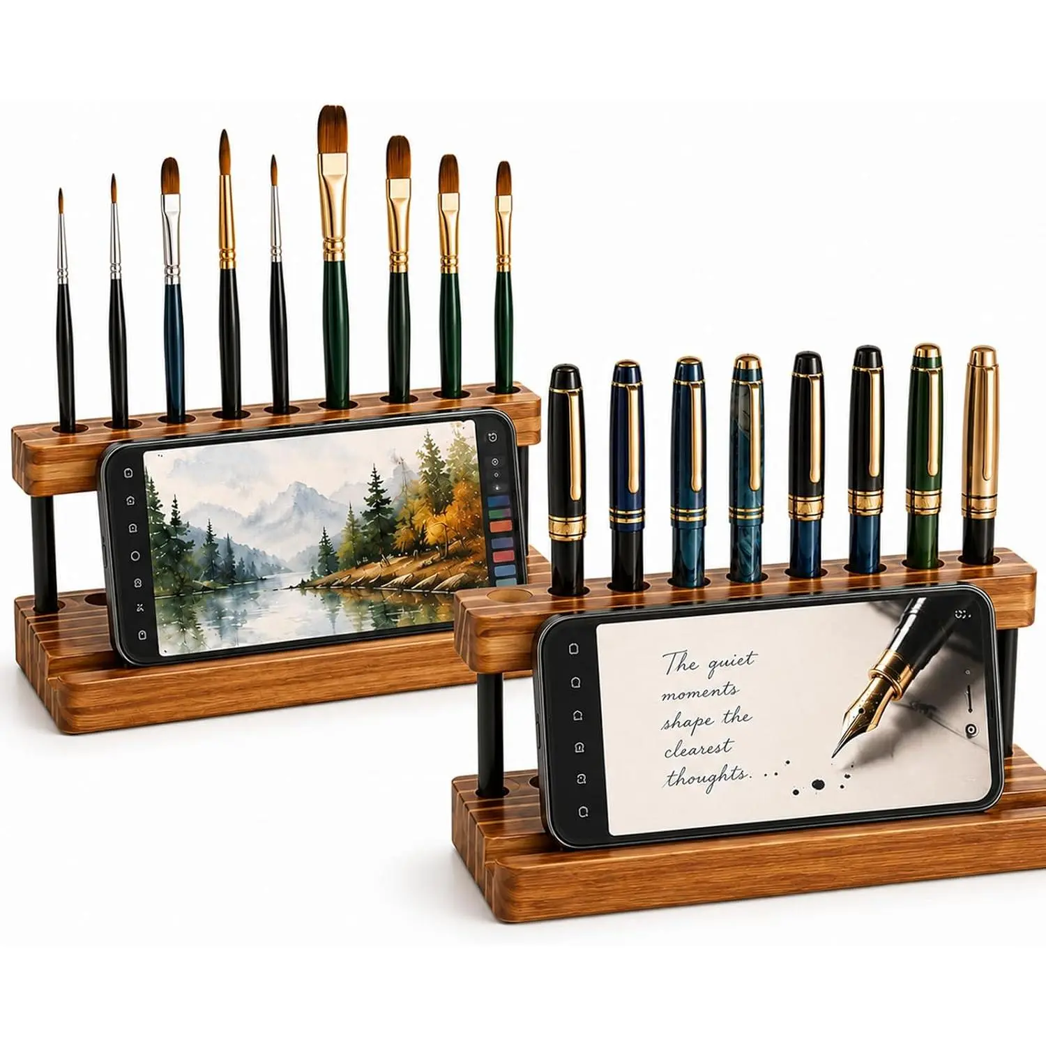 2 Pack Wooden Pen Holder for Desk Pencil Desk Organizer with Phone Stand and 9 Slot  Burned Charcoal Finish Display Stand for Fountain Pens Office and  Stylish Office Table Decor