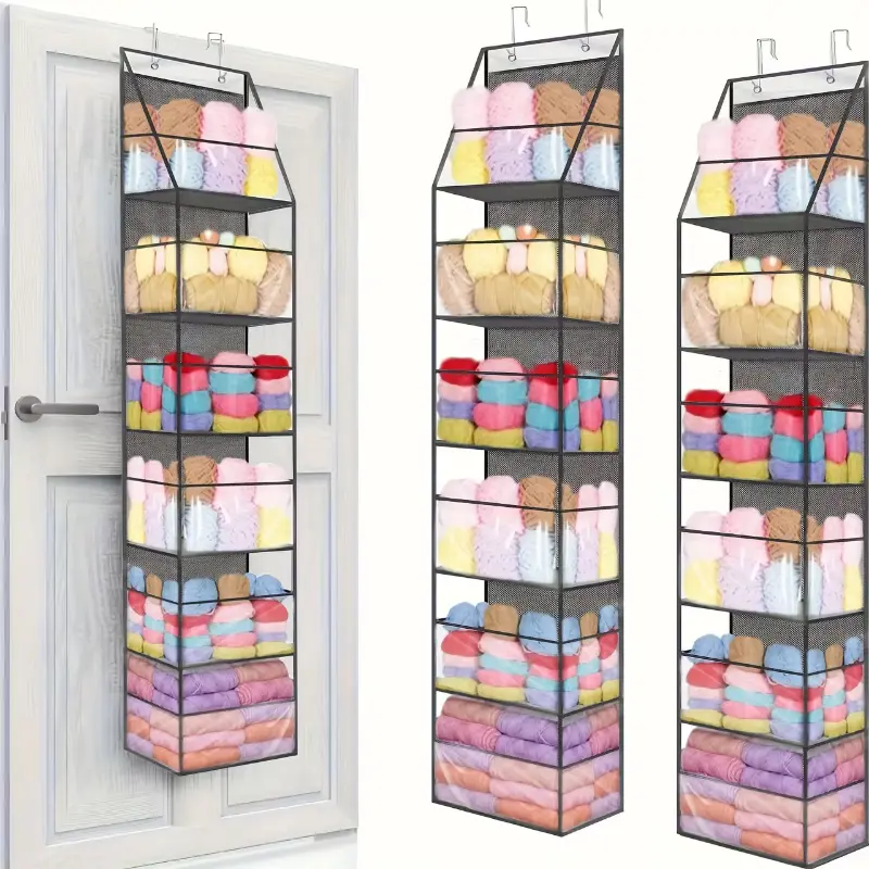 Door-Mounted Yarn Storage Organizer for Knitting, Crochet - Foldable Non-Woven Fabric Organizer with 6 Transparent Plastic Bags, 2 Large Hooks