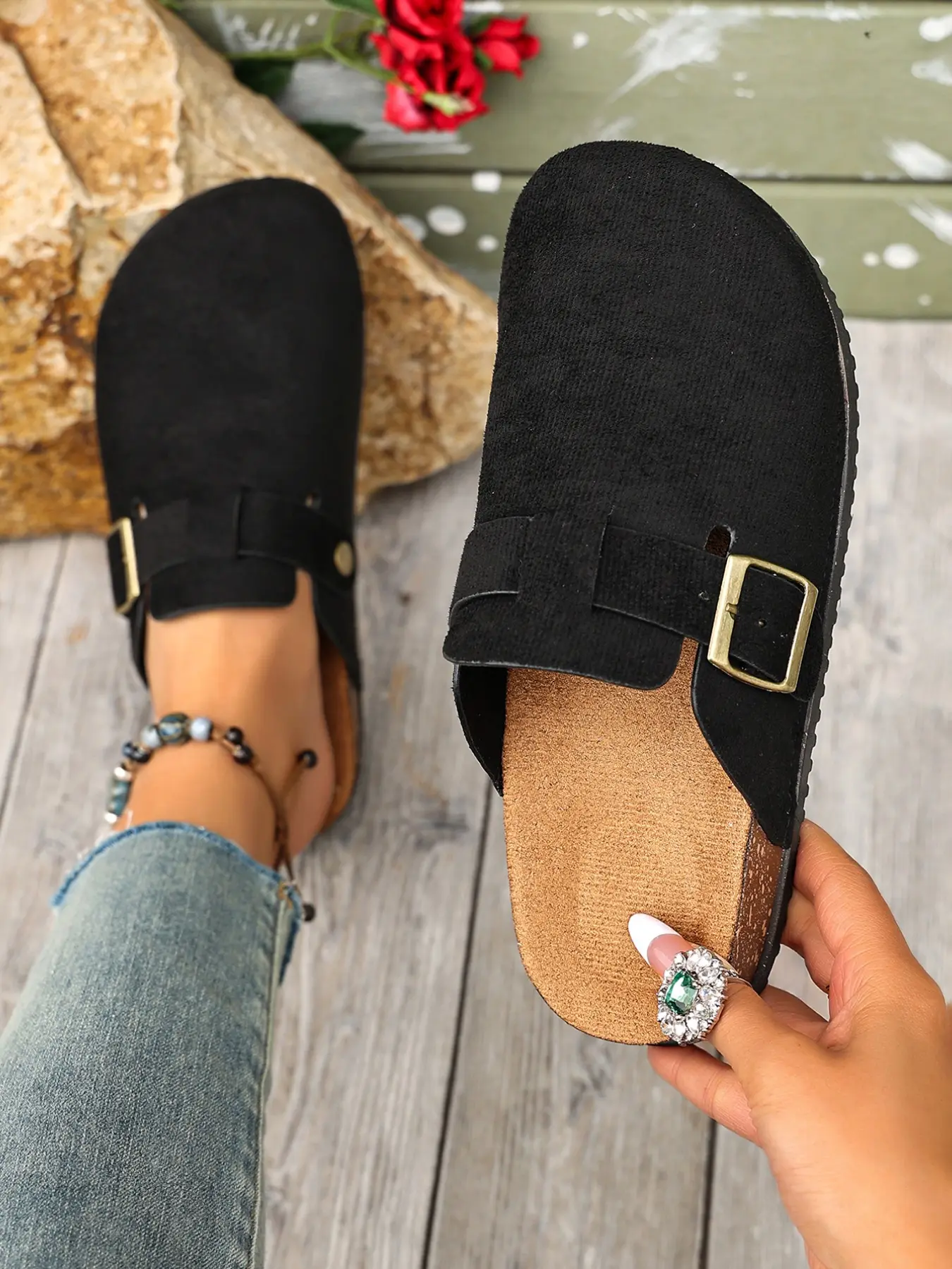 Elegant PU Leather Beken Half Sandals Mule Slides, Adjustable Metal Buckle, Breathable Cork Insole, Non-Slip Flat Design, Ideal for Daily Wear
