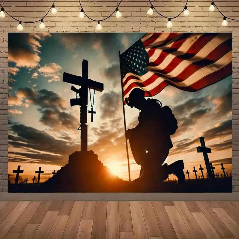 Patriotic Soldier Cross Backdrop Banner - Lightweight Machine-Washable Polyester Military Memorial Tapestry, Decorative Room Wall Decor for Wedding, Festivals Photo Background Gift