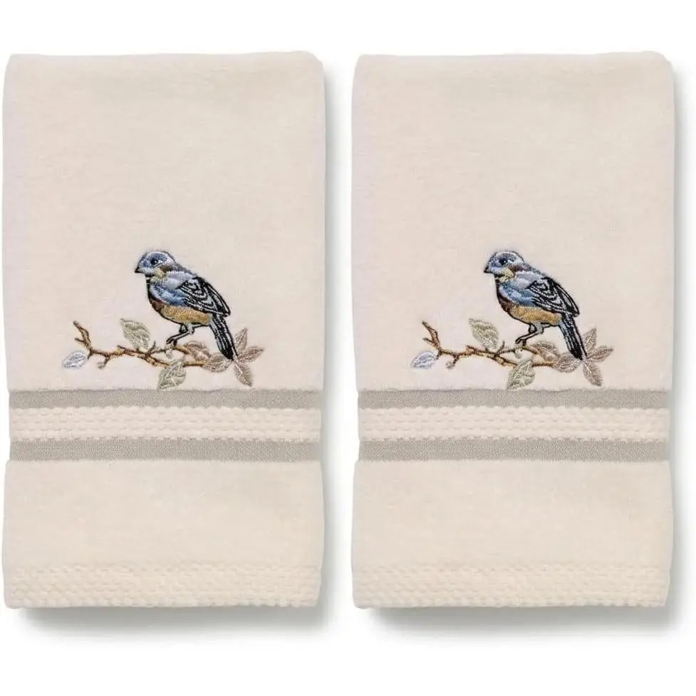 Avanti Linens – Fingertip Towel Set, 100% Cotton Velour Bathroom Towels with Embroidered Bird & Floral Design, Absorbent Terry Reverse, Home Decor, Set of 2 (Love Nest Collection)