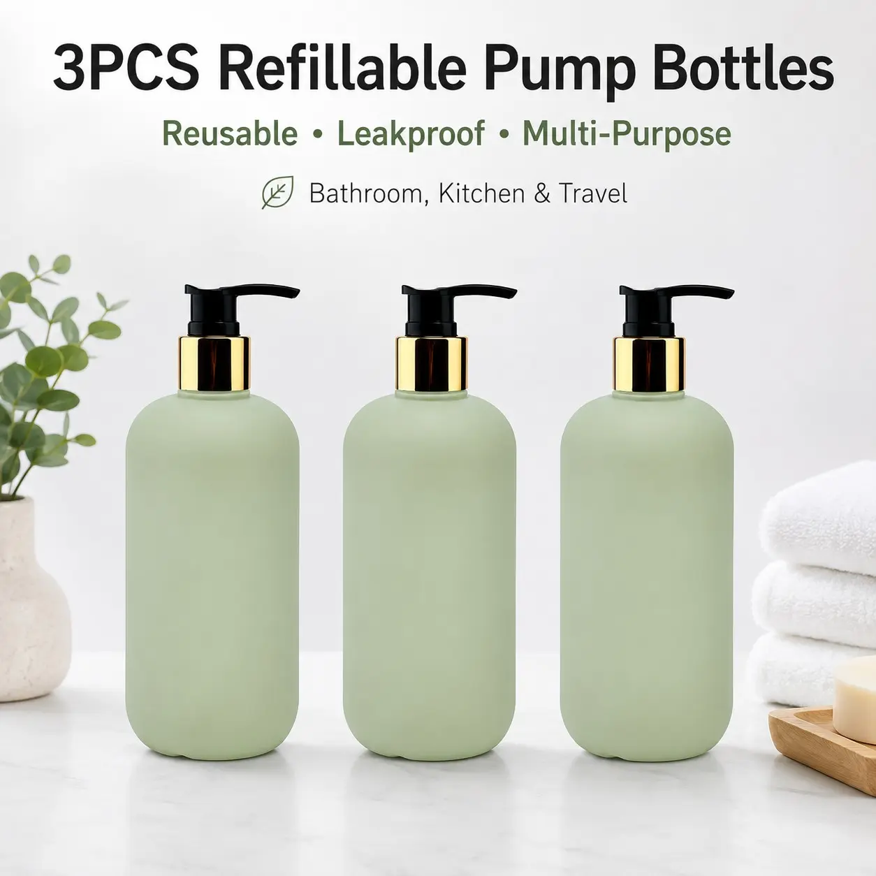 3-Pack Matcha Green Refillable Pump Bottles, Reusable Empty Shampoo, Conditioner, Lotion and Hand Soap Dispenser Set for Bathroom, Kitchen and Travel