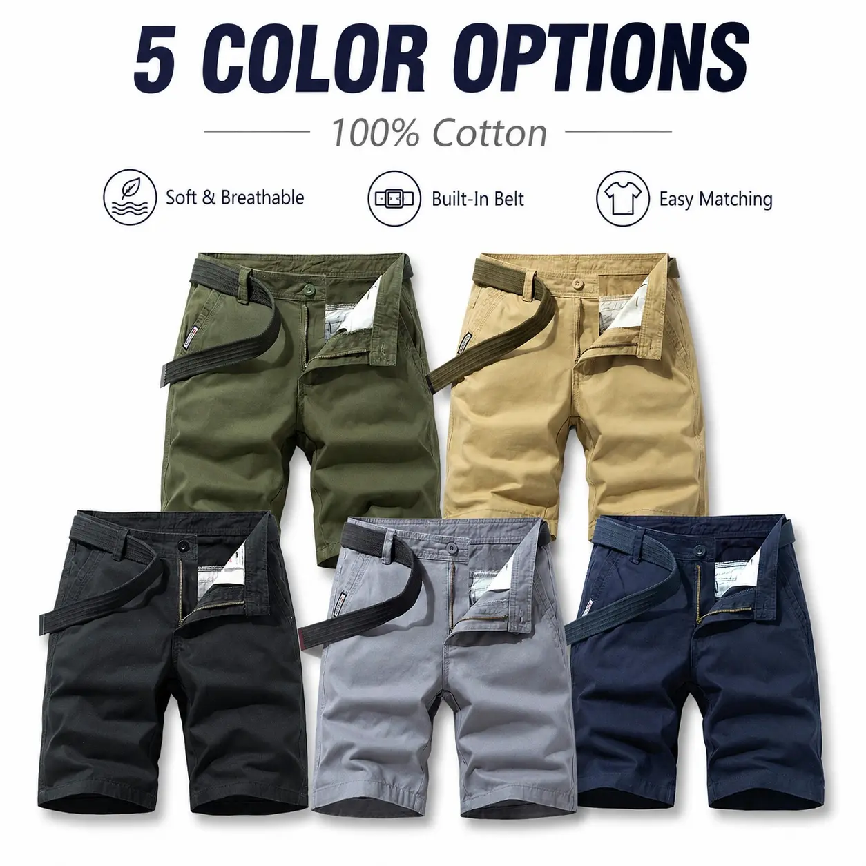 Men's 3-Pack Classic Fit Shorts in Soft 100% Cotton with Belt, Pockets, and Zipper Fly for Casual Summer Outdoor Wear, Plain, Menswear, Mens Clothing, Mid Waist, Basic, 3Pss Black + Gray + Khaki, Pocketed capri performance training