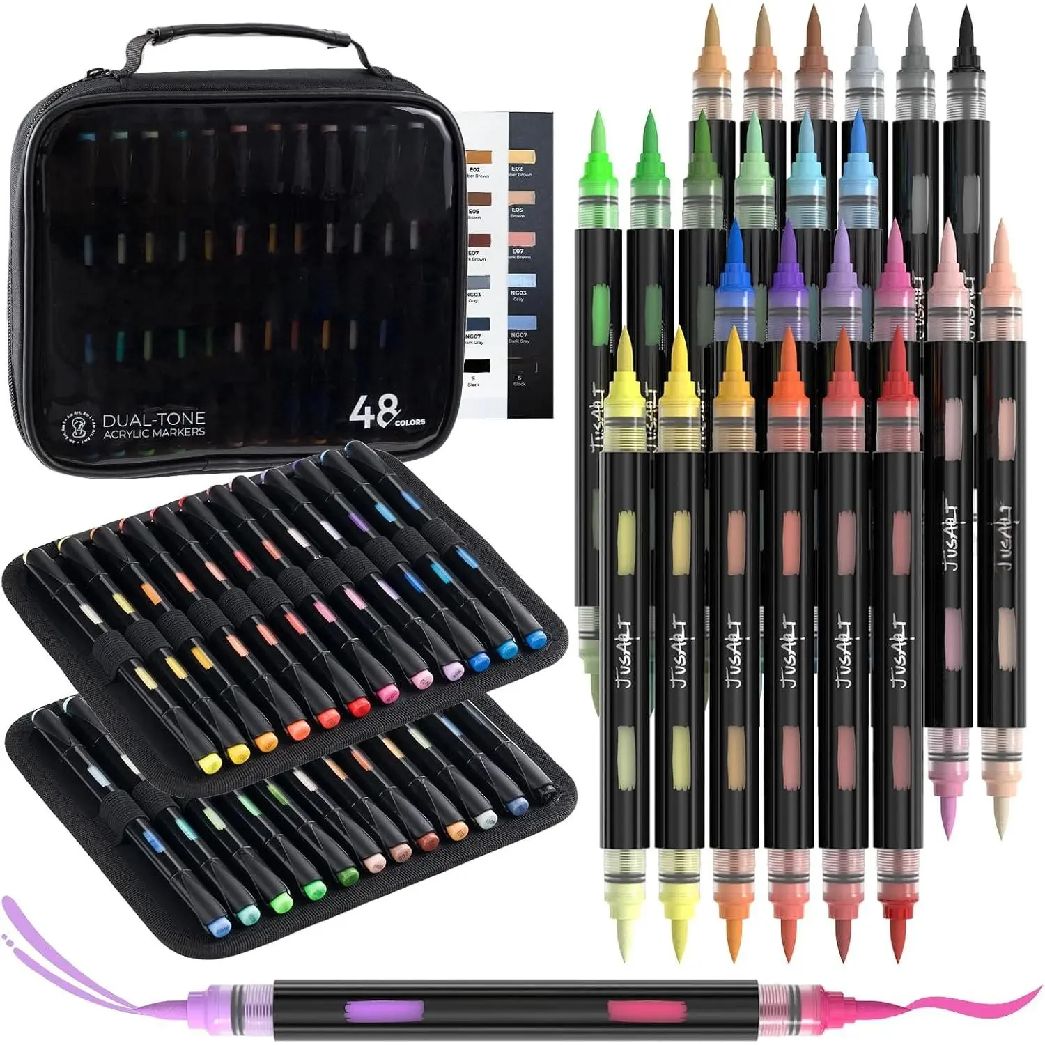 Markers 48 Colors, 24 -Tip Brush Markers, No Bleed | Water Based Markers with Automatic Ink Control for , Rocks,  Printed, Fabric, Glass, Eggs, Coloring Books & DIY Crafts