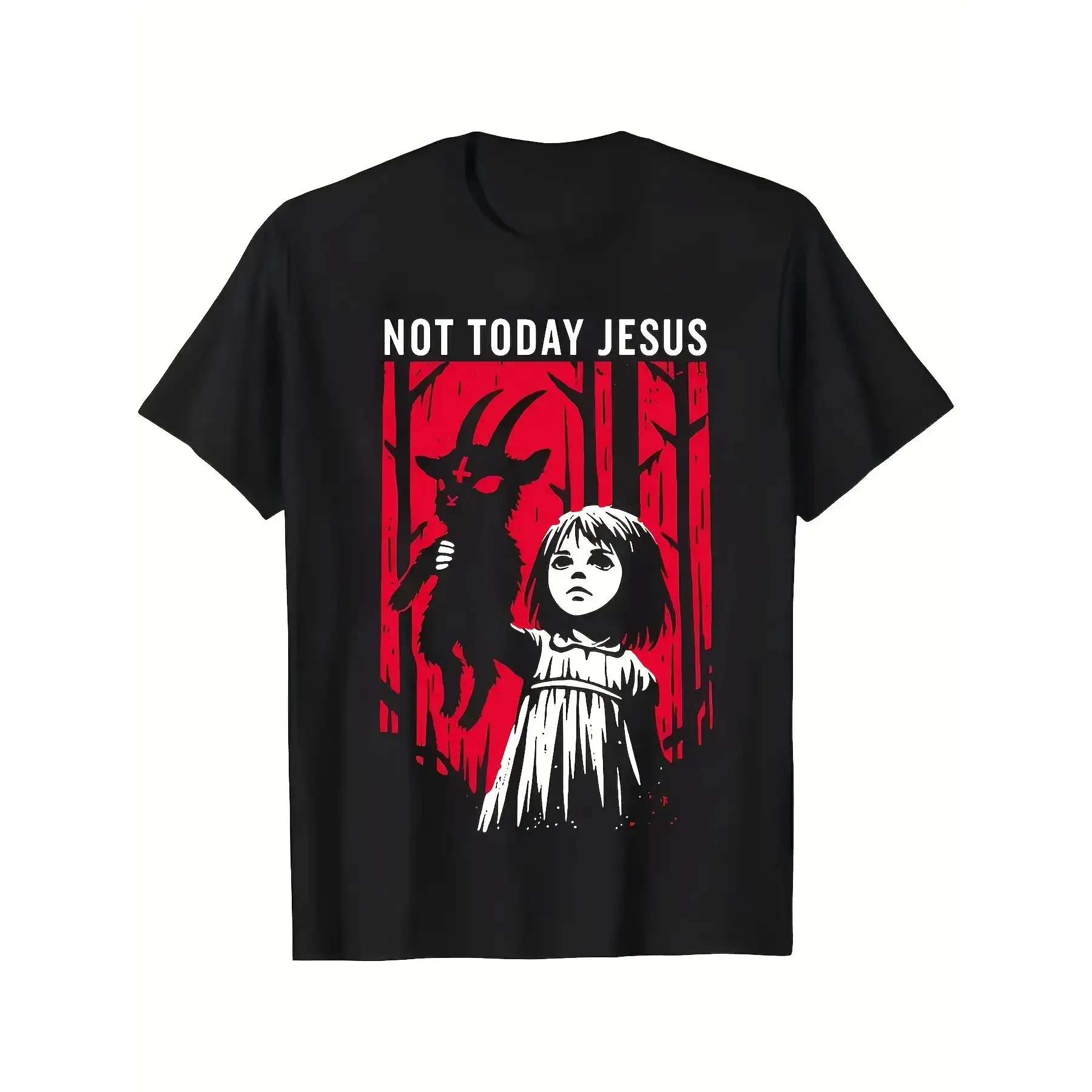 Women's Gothic Casual T-Shirt - Bold Graphic Tee with "Not Today Jesus" Baphomet Goat Design, Alternative Style Alt Clothing for Women with Goth Vibes, Alt Clothing Women