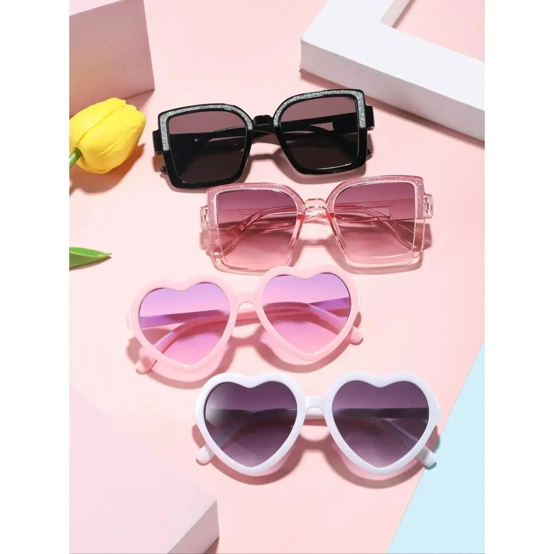 Kids Heart Sunglasses for Girls, Sparkling Square Frame UV400 Protection Sunglasses, Cute Candy Color Lightweight PC Frame Kids Fashion Eyewear for Outdoor Play, Beach, Birthday Gift summerwins