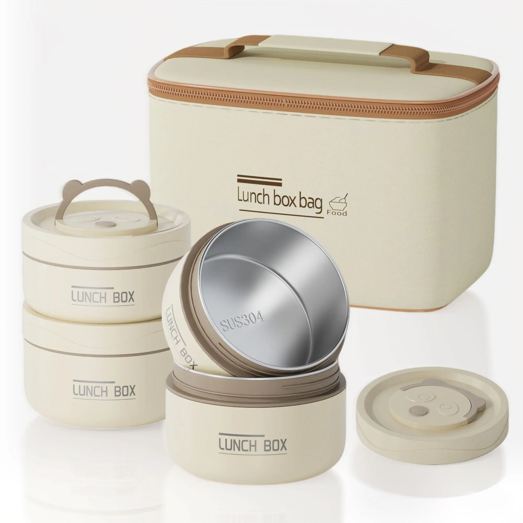 3/4 Pcs Thermal Bento Box for Adults | Stainless Steel Round Microwave Safe | Stackable Leakproof with Portable Beige Insulated Bag         ？