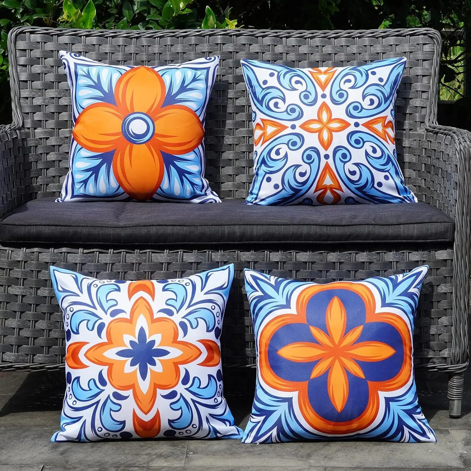 Outdoor Pillow Covers Waterproof Set of 4 Floral Boho Decorative Throw Cushion Cover Farmhouse Pillows for Bench, Couch, Sunbrella and Patio Furniture (BlueOrange, 18x18 Inch)