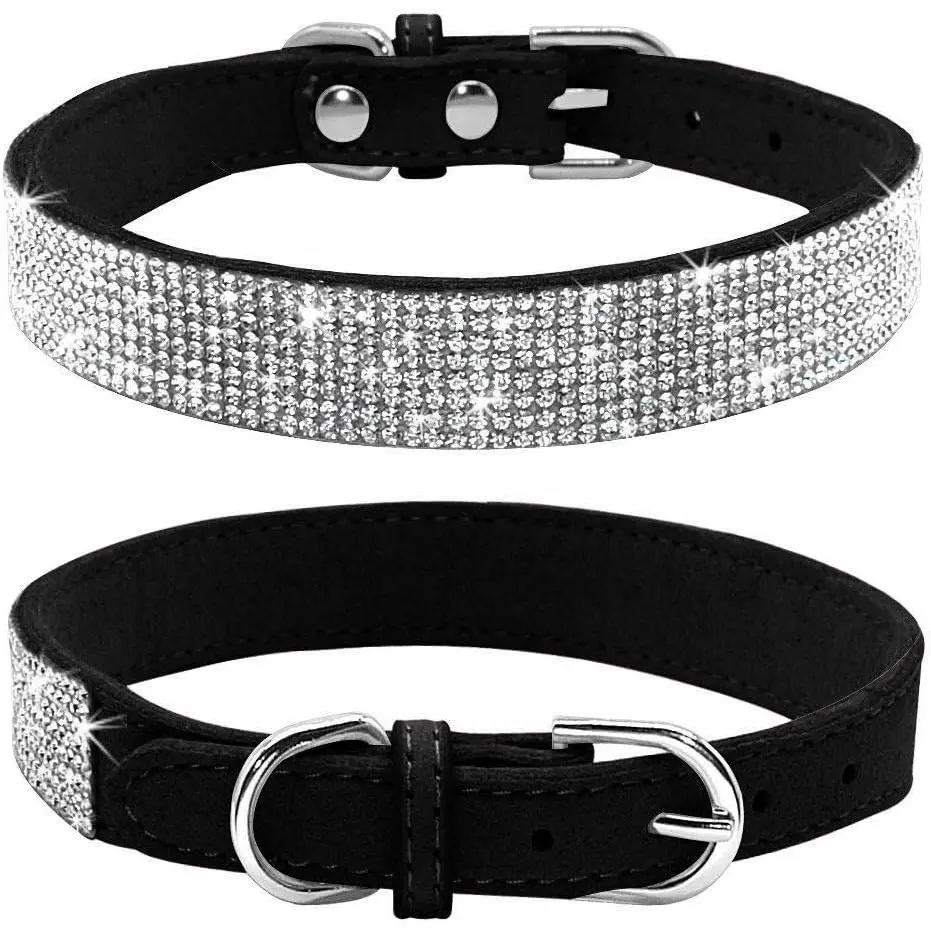 Adjustable Sparkle Pattern Black Rhinestone Suede Leather Dog Collar - Skin Friendly Medium Size Neck Accessory, Soft Crystal Bling Pet Collar for Small Dogs/Puppies, Fits 32-38cm Neck, Cute Holiday (Halloween Santa Claus) Accessory