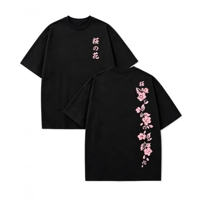 Women's Oversized Soft Cotton Garment, Shortsleeve Minimalist Aesthetic T-Shirt - Double-Sided Sakura Cherry Blossom, Japanese Kanji, Floral Prints, Breathable Streetwear Casual Top, Perfect Birthday Gift Fabric L, Tee, Round Neck