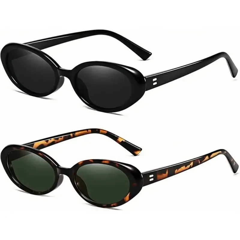 Women's 2-Pair 90s Classic Retro Oval Trendy Styling Sunglasses - UV400 UV Protective, Lightweight Vintage Small Polycarbonate (PC) Frame Eyewear for Summer Beach Days Travel