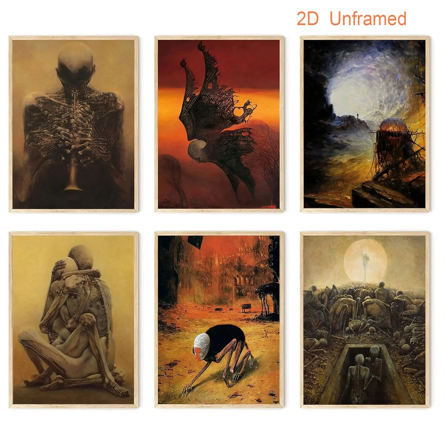 Set of 6, Zdzisław Beksiński Wall Art, Artist Prints, Wall Decor, Vintage Posters—aesthetic decorative art suitable for living room and bedroom walls, rustic-style decorative art, unframed 2D canvas prints