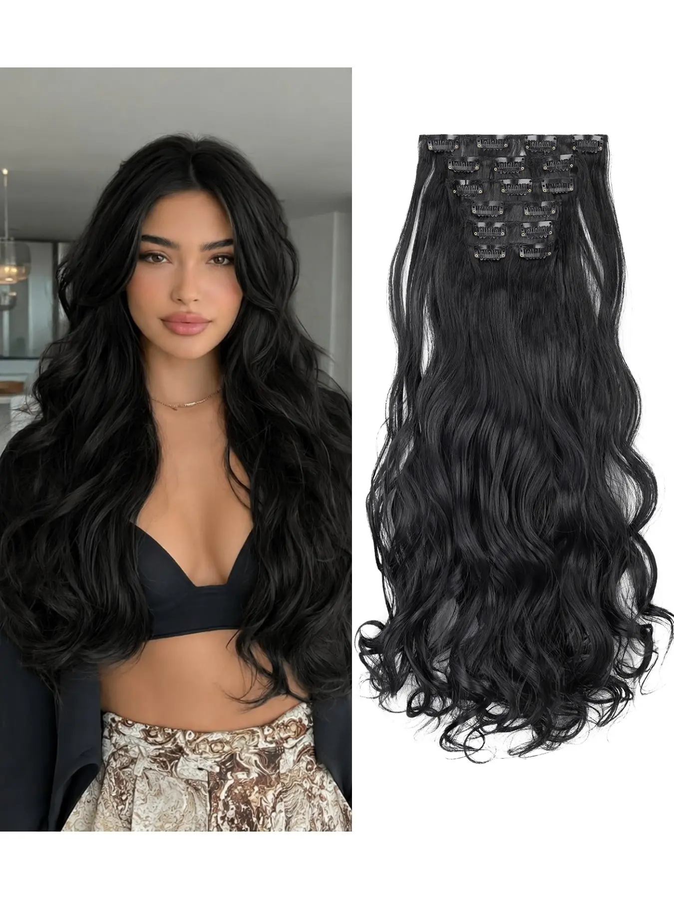 6-piece clip on hair extensions, 20 inch wavy extensions, made of soft synthetic fiber that is heat-resistant, seamless natural blend, lightweight and comfortable, easy to wear, suitable for daily wear by women and girls, parties, weddings