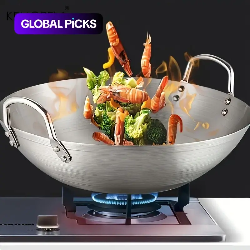 Kemorela All Stainless Steel Wok, Stainless Steel Cookware Kitchen, Uncoated Double Handle Chef Pan, Easy to Clean, Commercial & Home Cooking, 26-40cm Sizes #GLOBAL PICKS