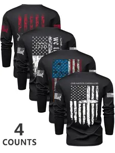 Men's Flag Series Crew Neck Long Sleeve T-Shirt Set, Casual Outdoor Pullover for Spring & Fall, Fitted Moderate Fabric, 4-Piece Pack