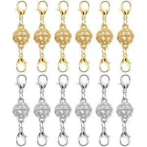 12-Pack Strong Magnetic Necklace Clasps & Extenders - Gold/Silver Plated Stainless Steel Closures with Charm, Adjustable Metal Chain Rhinestone, Ideal for Jewelry Making & Repair, Gift for DIY Enthusiasts