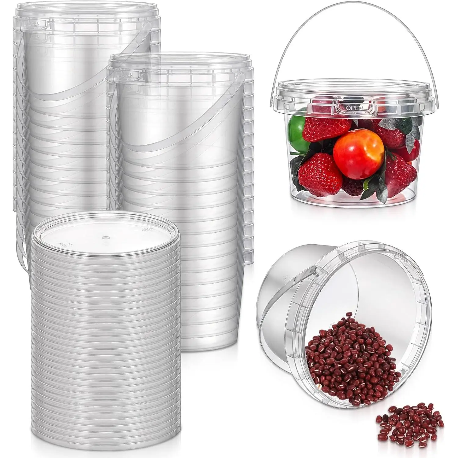 40 Pcs 16oz Clear Plastic Buckets with Handles and Lids, Reusable Ice Cream Tub Airtight Food Storage Container Pails for Kitchen, Party Snacks, Camping Drinksfidget toys
